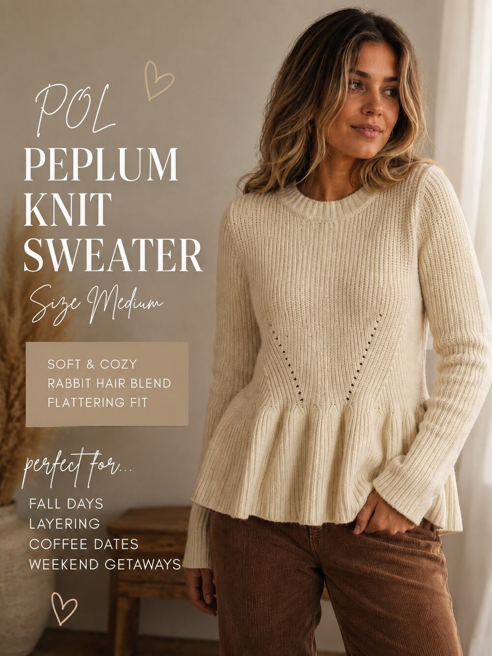 POL Peplum Ribbed Sweater Medium Ivory Knit Wool Rabbit Hair Cozy Cottage Boho